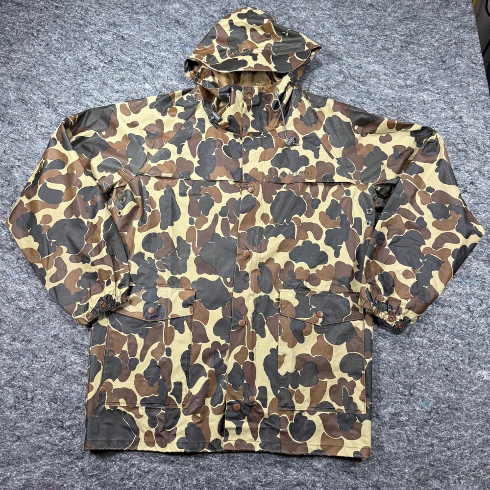 Vintage Columbia Sportswear Mens M Duck Camo Rain Jacket Hooded Parka PVC Nylon